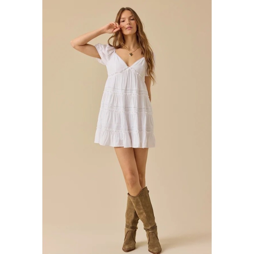 Altar'd State Marcia White Tiered Lace Mini Dress Babydoll Size Medium